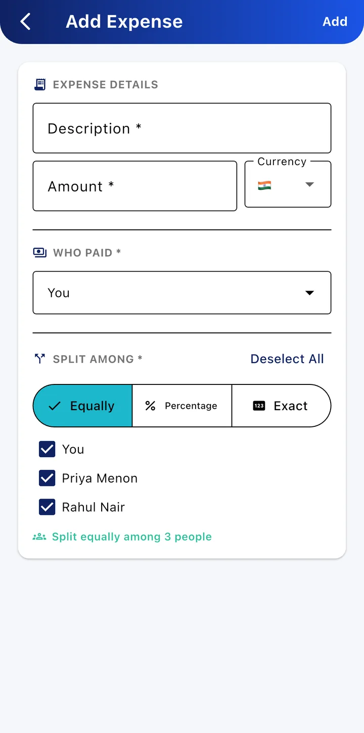 Levia add expense form with split options