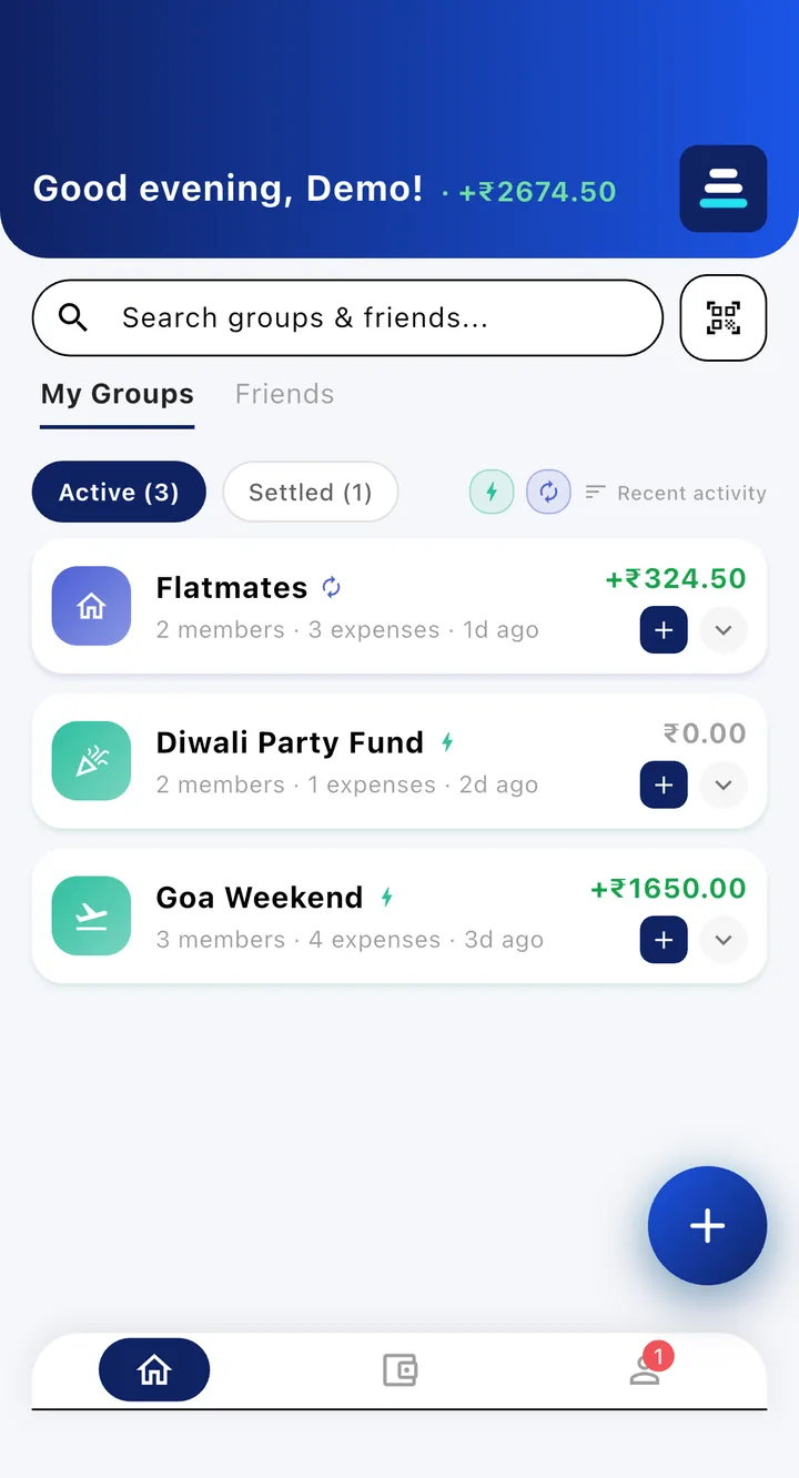 Levia dashboard showing groups and balances